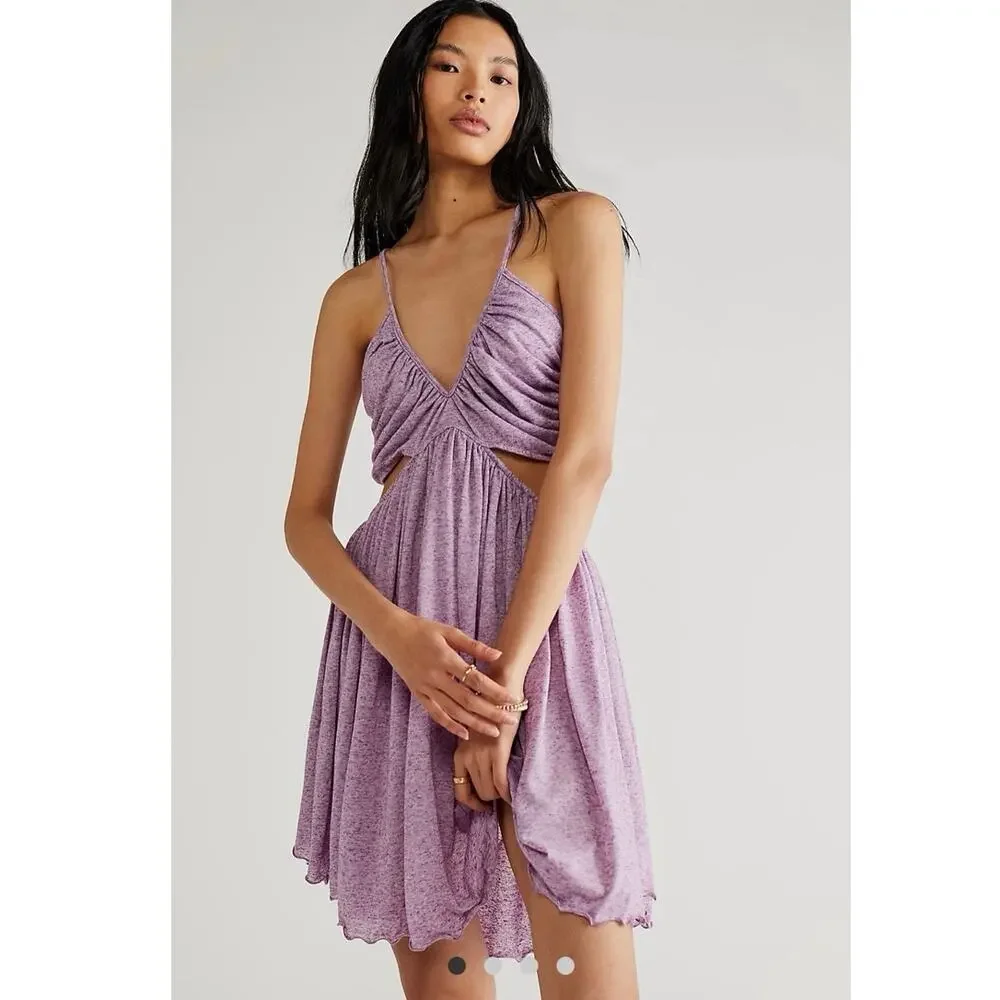 FREE PEOPLE BEACH Gathered Cut Out Strappy V Neck Mini Dress XS Made in USA